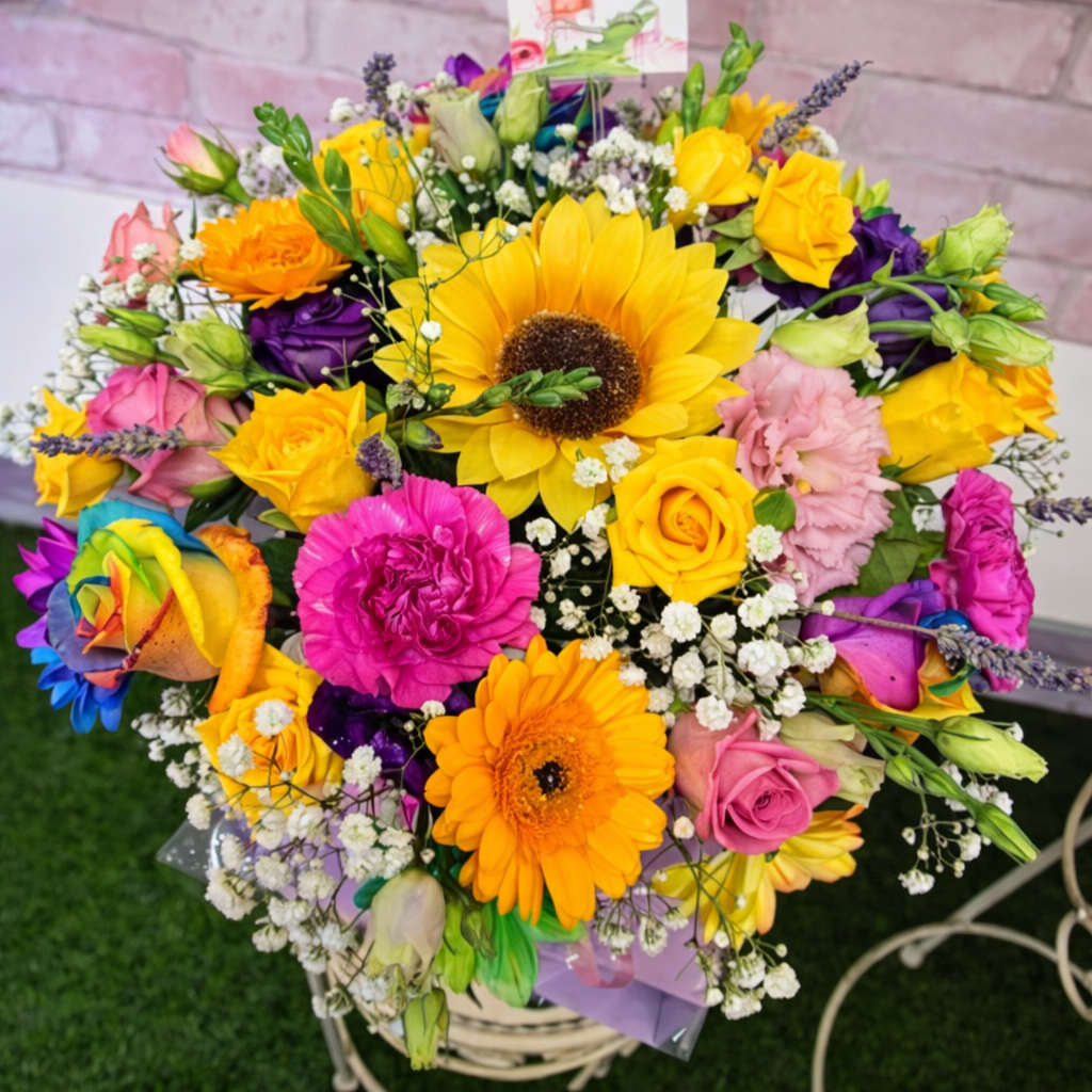 Sunflower With Mixed Roses Hatbox🌻💐